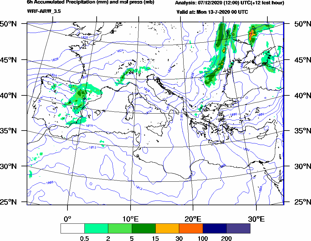 6h Accumulated Precipitation (mm) and msl press (mb) - 2020-07-12 18:00
