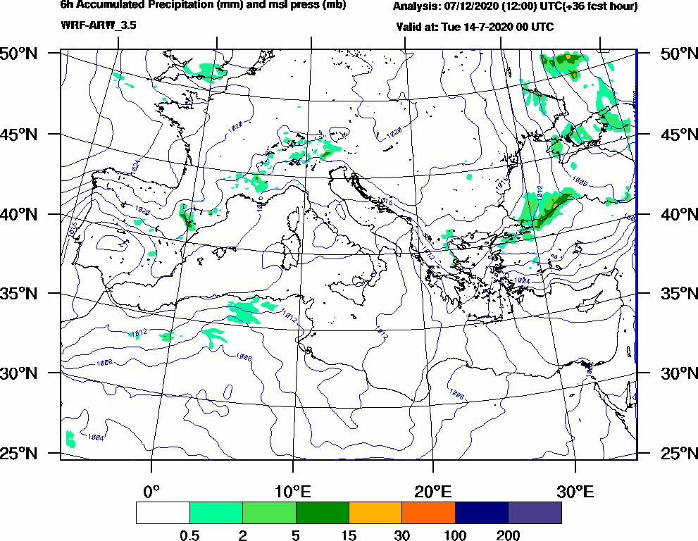 6h Accumulated Precipitation (mm) and msl press (mb) - 2020-07-13 18:00