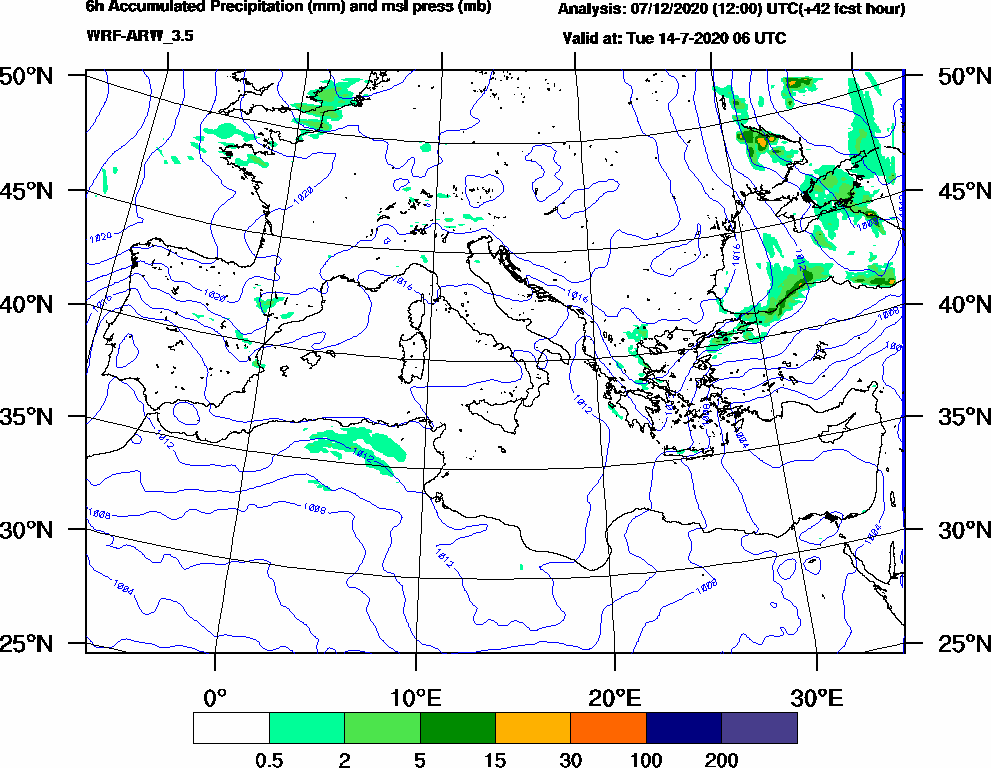 6h Accumulated Precipitation (mm) and msl press (mb) - 2020-07-14 00:00