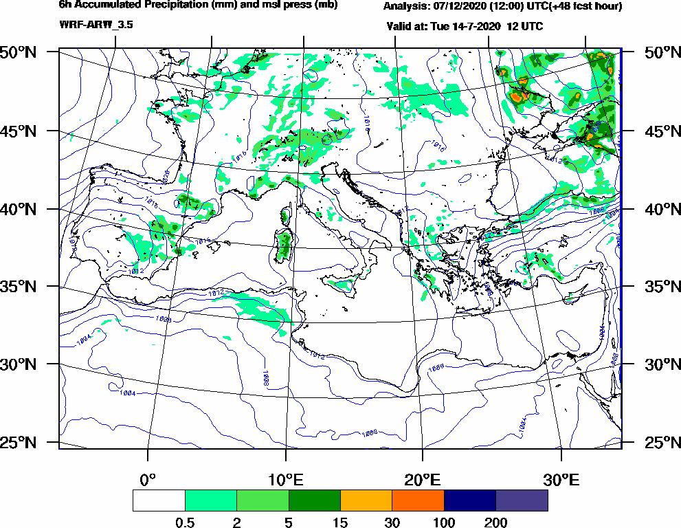 6h Accumulated Precipitation (mm) and msl press (mb) - 2020-07-14 06:00