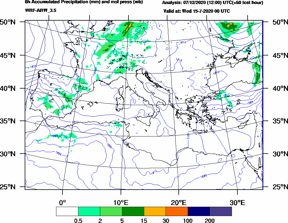 6h Accumulated Precipitation (mm) and msl press (mb) - 2020-07-14 18:00