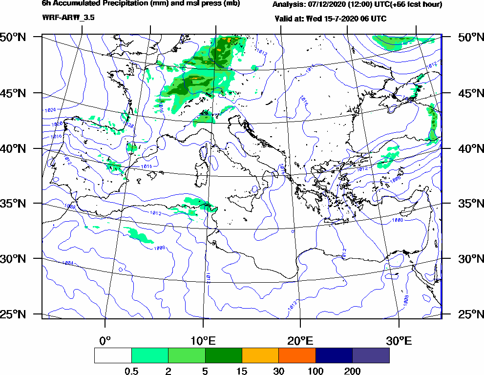 6h Accumulated Precipitation (mm) and msl press (mb) - 2020-07-15 00:00
