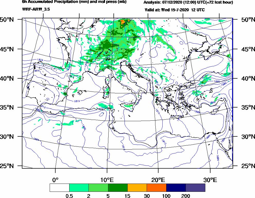 6h Accumulated Precipitation (mm) and msl press (mb) - 2020-07-15 06:00