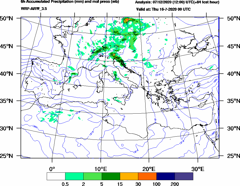 6h Accumulated Precipitation (mm) and msl press (mb) - 2020-07-15 18:00