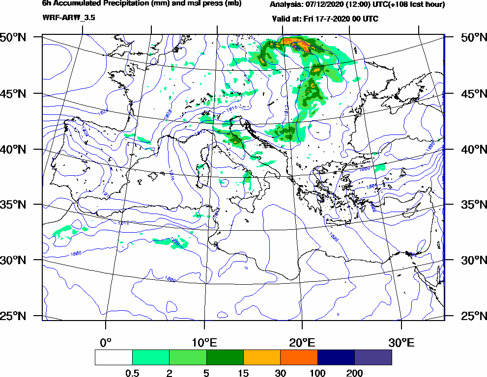 6h Accumulated Precipitation (mm) and msl press (mb) - 2020-07-16 18:00
