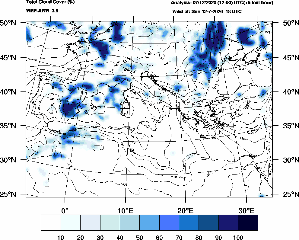 Total cloud cover (%) - 2020-07-12 12:00