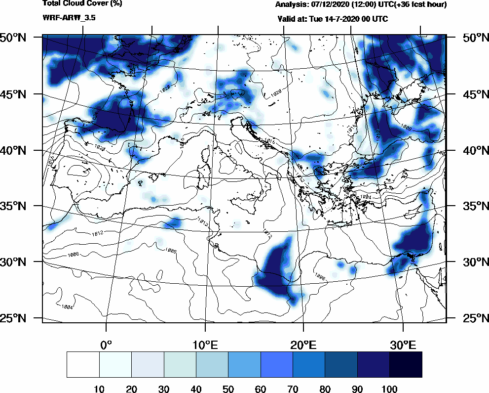 Total cloud cover (%) - 2020-07-13 18:00