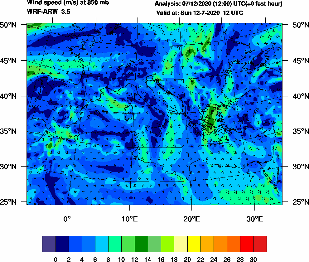 Wind speed (m/s) at 850 mb - 2020-07-12 12:00