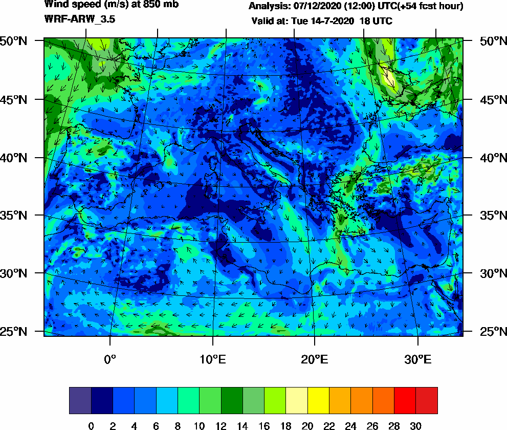 Wind speed (m/s) at 850 mb - 2020-07-14 18:00