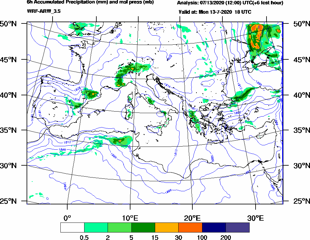 6h Accumulated Precipitation (mm) and msl press (mb) - 2020-07-13 12:00