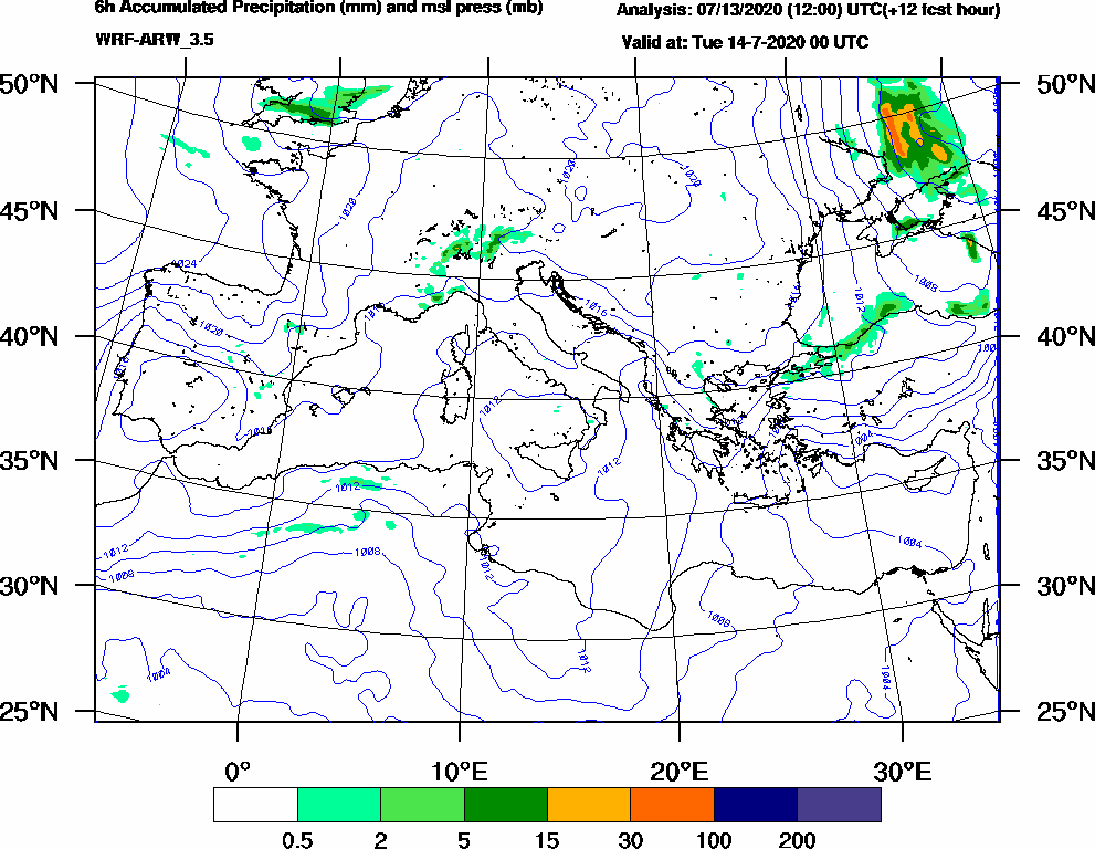 6h Accumulated Precipitation (mm) and msl press (mb) - 2020-07-13 18:00