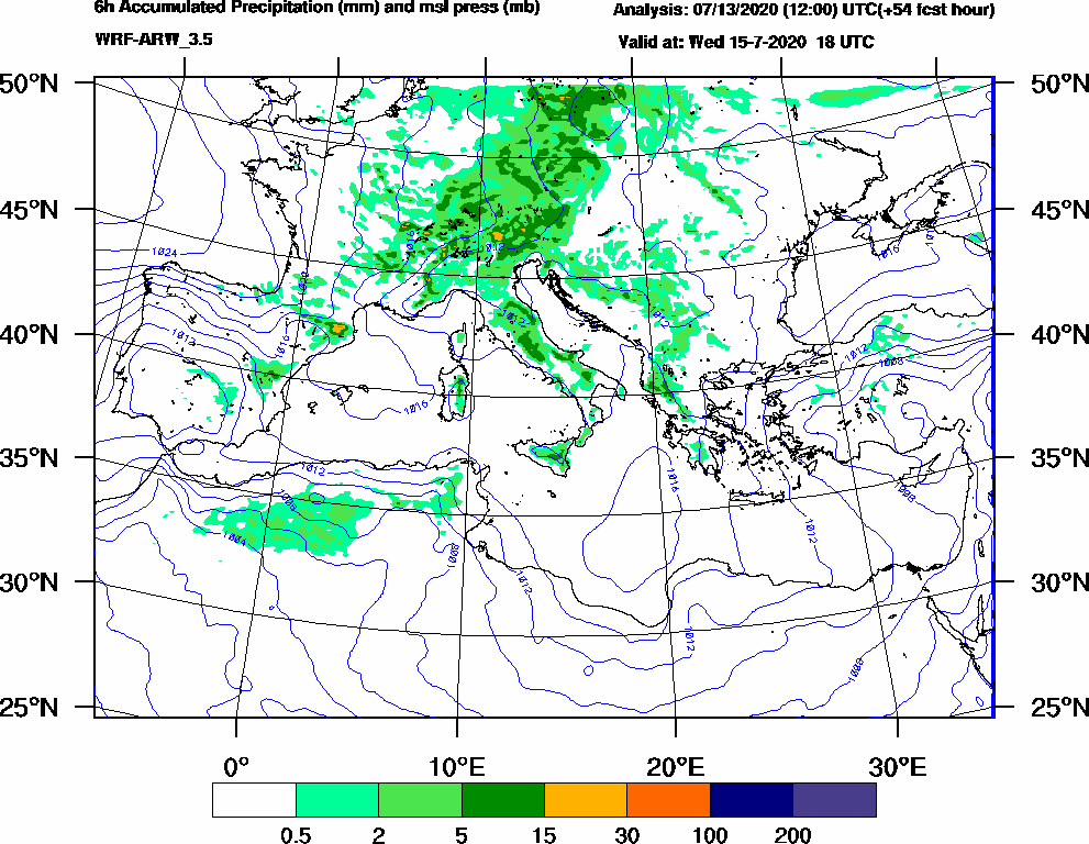 6h Accumulated Precipitation (mm) and msl press (mb) - 2020-07-15 12:00