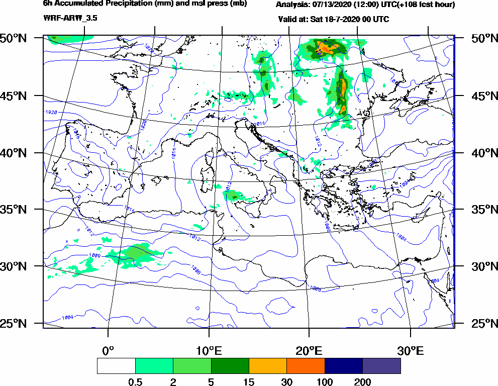 6h Accumulated Precipitation (mm) and msl press (mb) - 2020-07-17 18:00