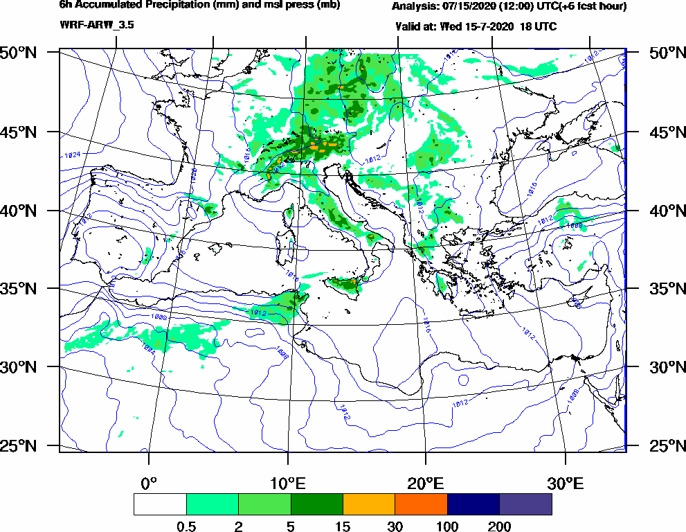 6h Accumulated Precipitation (mm) and msl press (mb) - 2020-07-15 12:00
