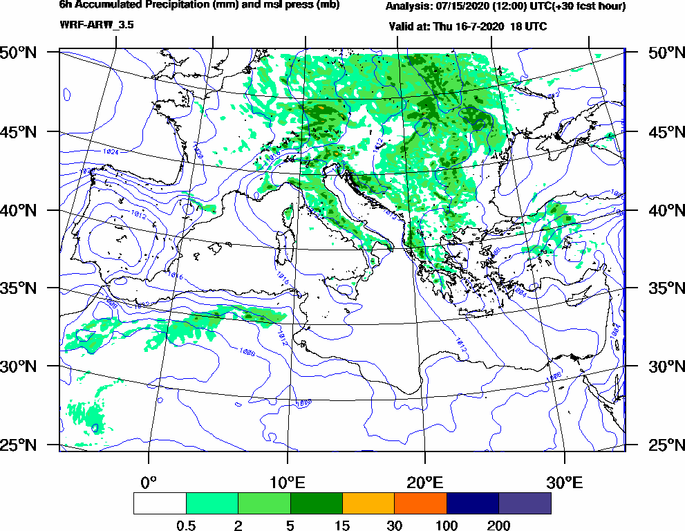 6h Accumulated Precipitation (mm) and msl press (mb) - 2020-07-16 12:00