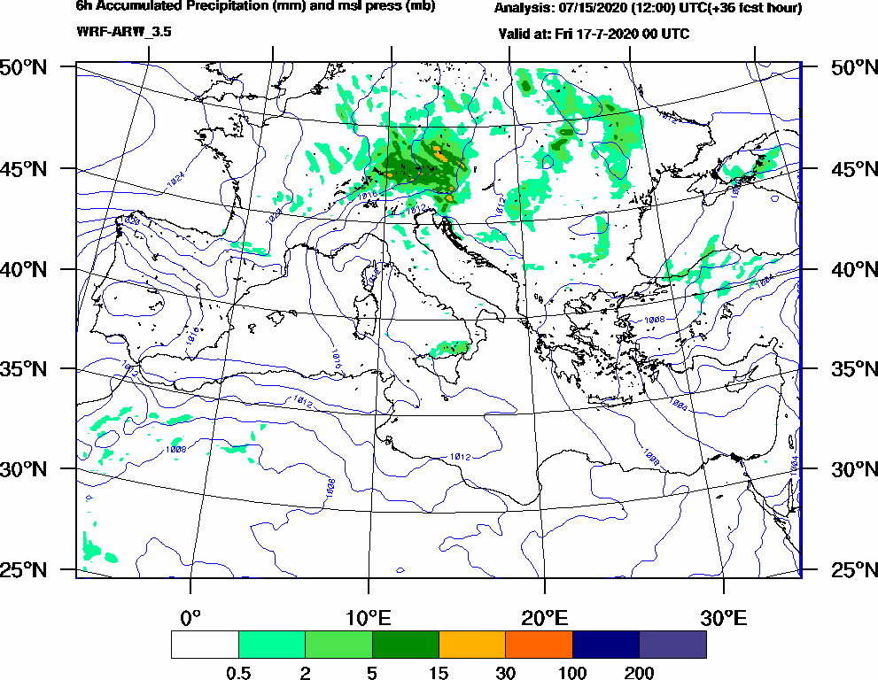 6h Accumulated Precipitation (mm) and msl press (mb) - 2020-07-16 18:00
