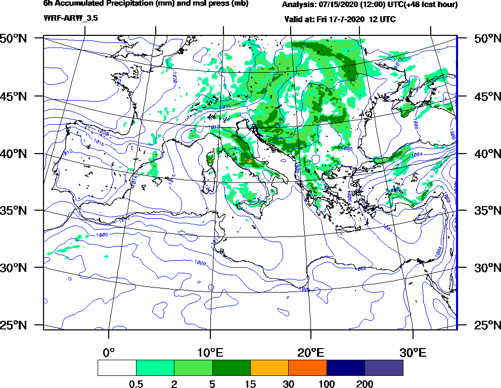 6h Accumulated Precipitation (mm) and msl press (mb) - 2020-07-17 06:00