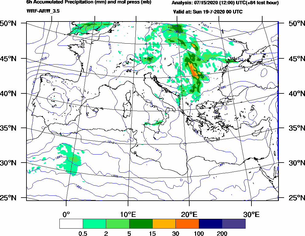 6h Accumulated Precipitation (mm) and msl press (mb) - 2020-07-18 18:00