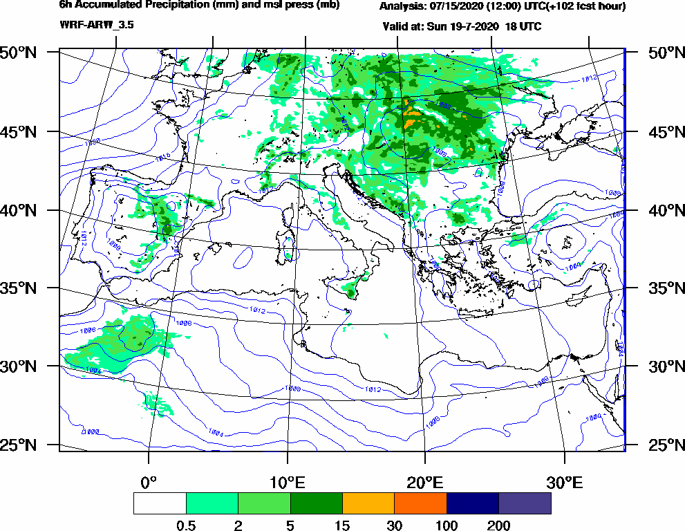 6h Accumulated Precipitation (mm) and msl press (mb) - 2020-07-19 12:00