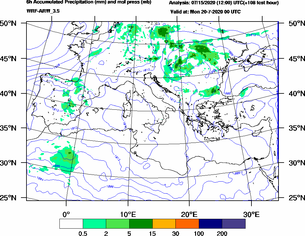 6h Accumulated Precipitation (mm) and msl press (mb) - 2020-07-19 18:00