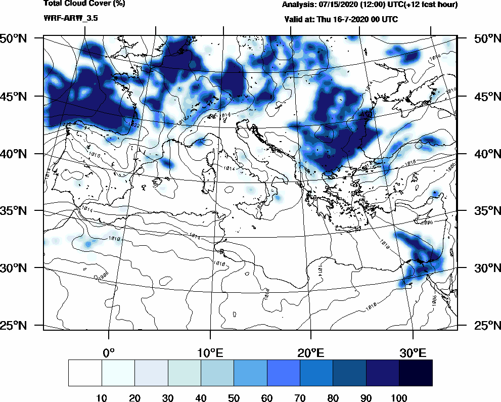 Total cloud cover (%) - 2020-07-15 18:00