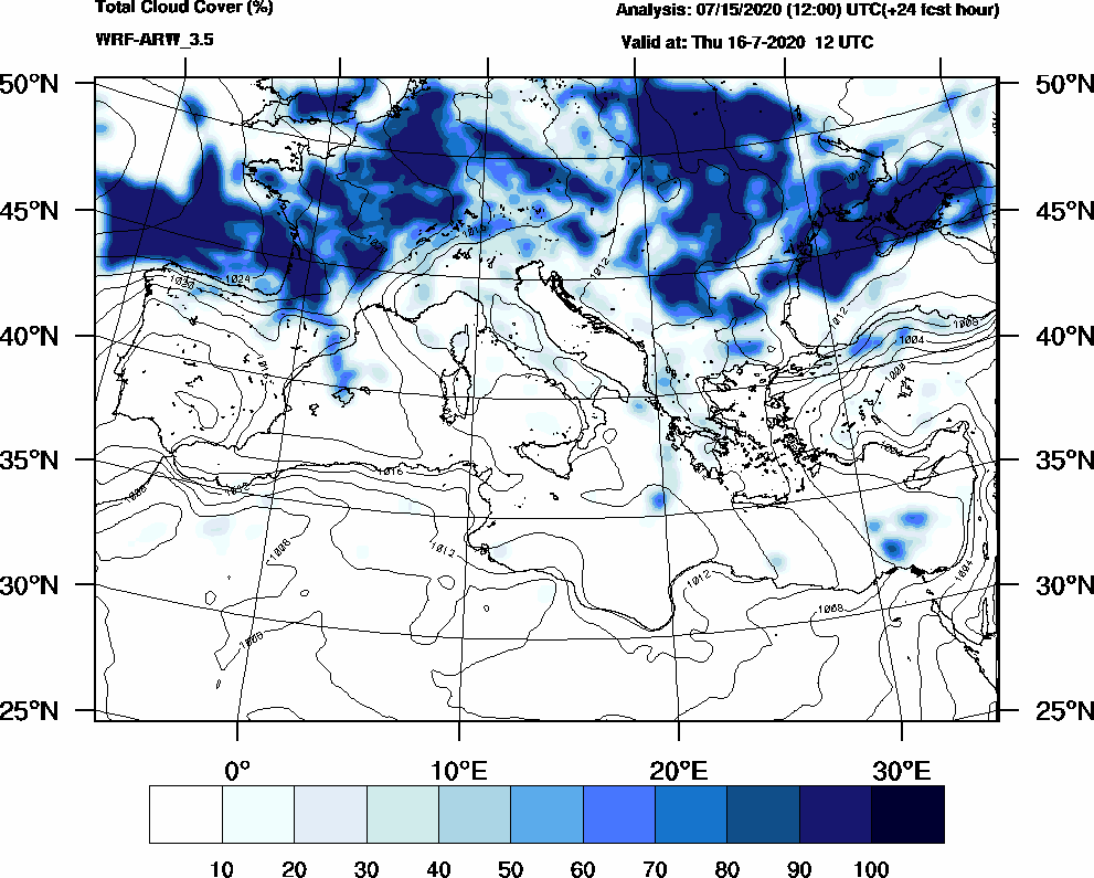 Total cloud cover (%) - 2020-07-16 06:00