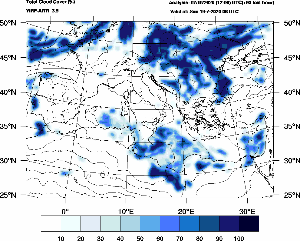 Total cloud cover (%) - 2020-07-19 00:00