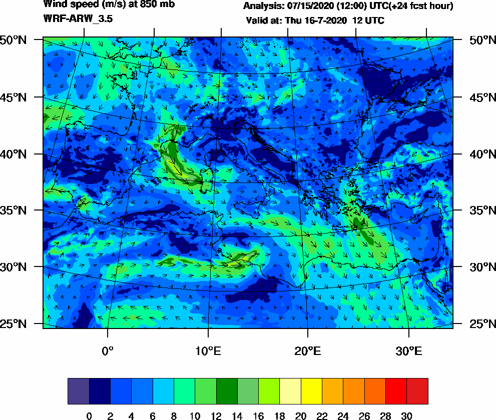 Wind speed (m/s) at 850 mb - 2020-07-16 12:00