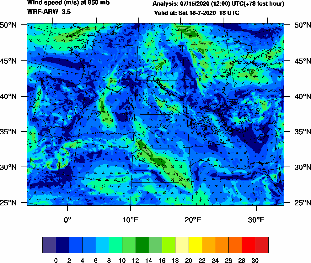 Wind speed (m/s) at 850 mb - 2020-07-18 18:00