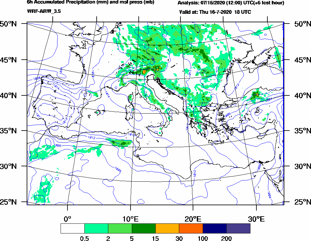 6h Accumulated Precipitation (mm) and msl press (mb) - 2020-07-16 12:00