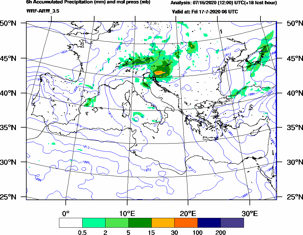 6h Accumulated Precipitation (mm) and msl press (mb) - 2020-07-17 00:00