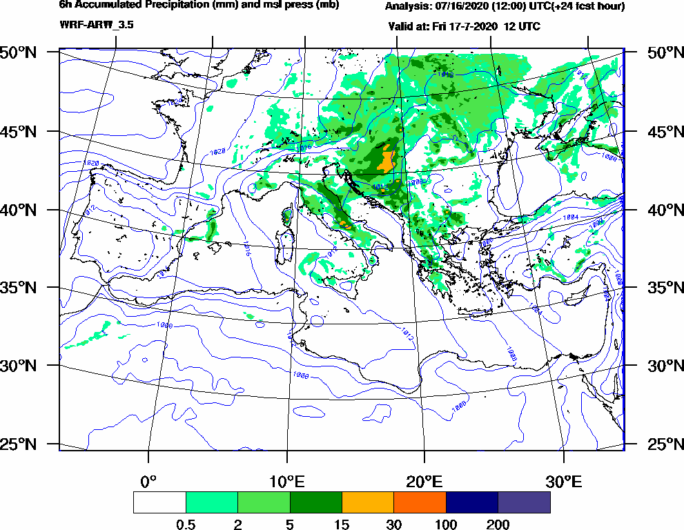6h Accumulated Precipitation (mm) and msl press (mb) - 2020-07-17 06:00