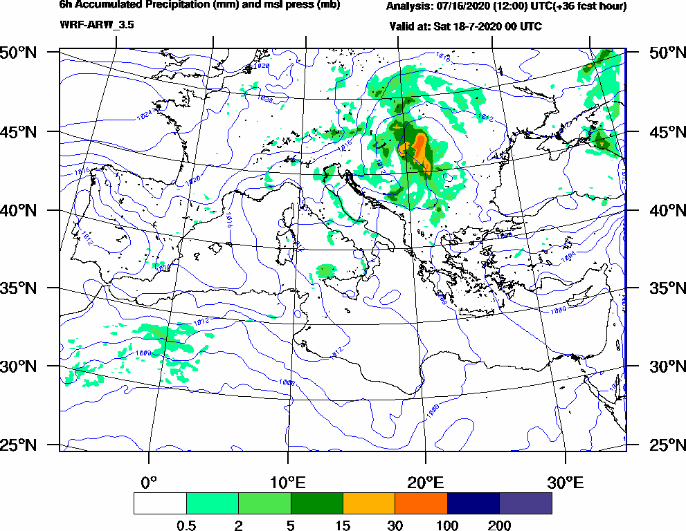 6h Accumulated Precipitation (mm) and msl press (mb) - 2020-07-17 18:00