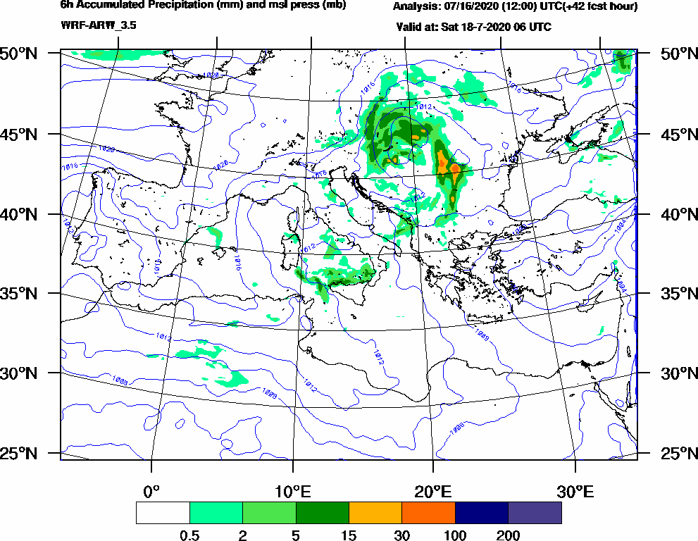 6h Accumulated Precipitation (mm) and msl press (mb) - 2020-07-18 00:00