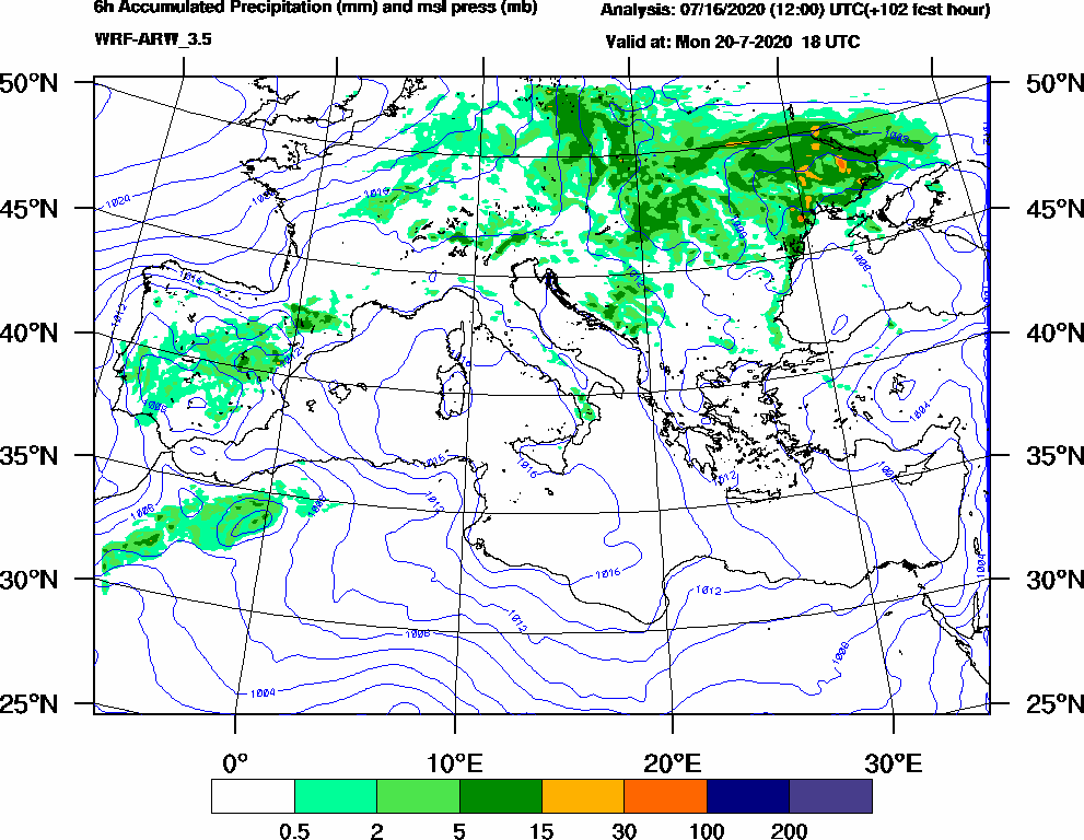 6h Accumulated Precipitation (mm) and msl press (mb) - 2020-07-20 12:00
