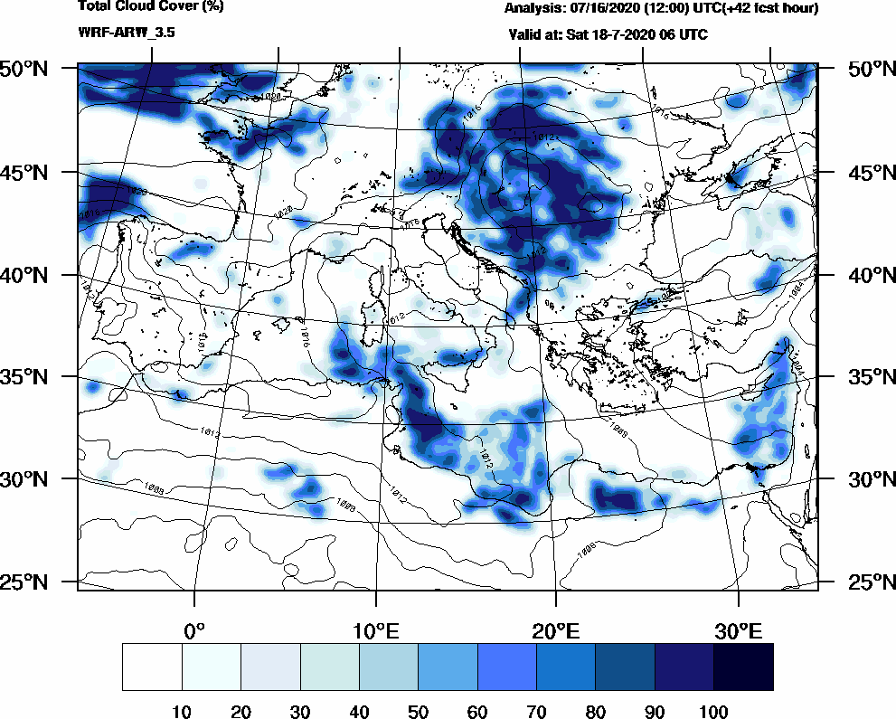 Total cloud cover (%) - 2020-07-18 00:00