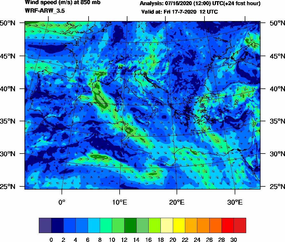 Wind speed (m/s) at 850 mb - 2020-07-17 12:00