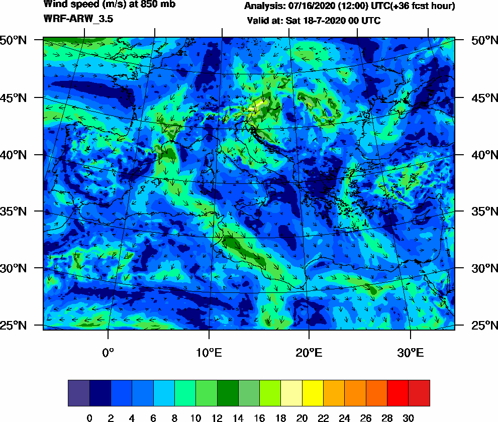 Wind speed (m/s) at 850 mb - 2020-07-18 00:00