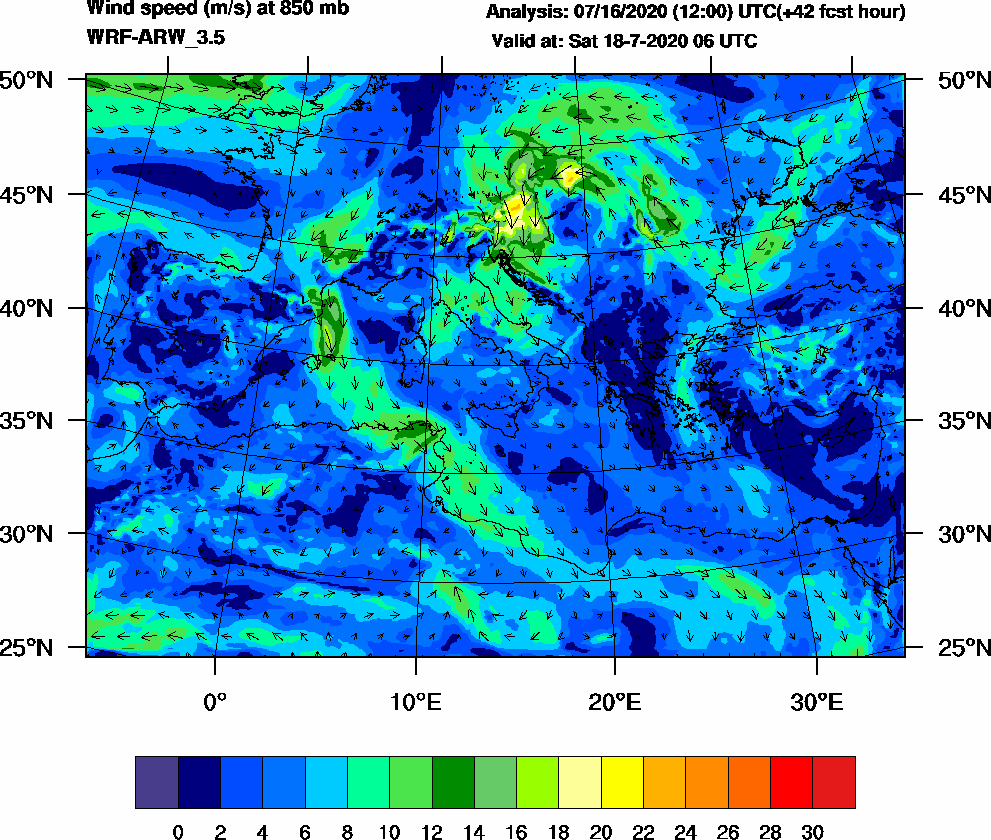 Wind speed (m/s) at 850 mb - 2020-07-18 06:00