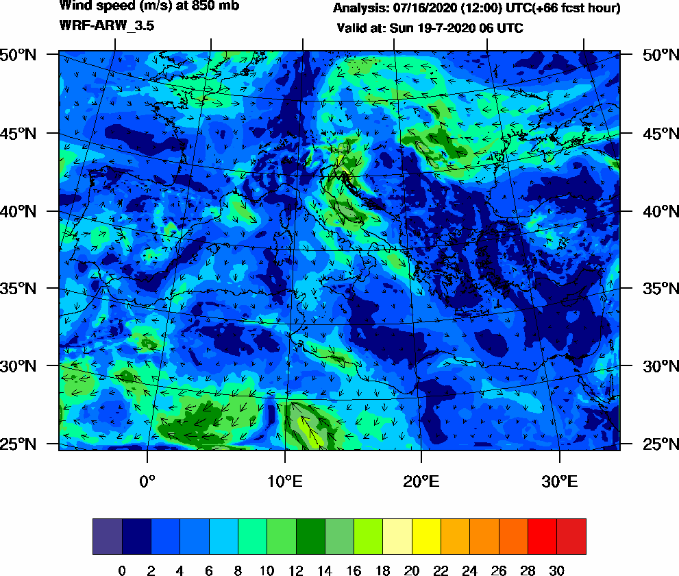 Wind speed (m/s) at 850 mb - 2020-07-19 06:00