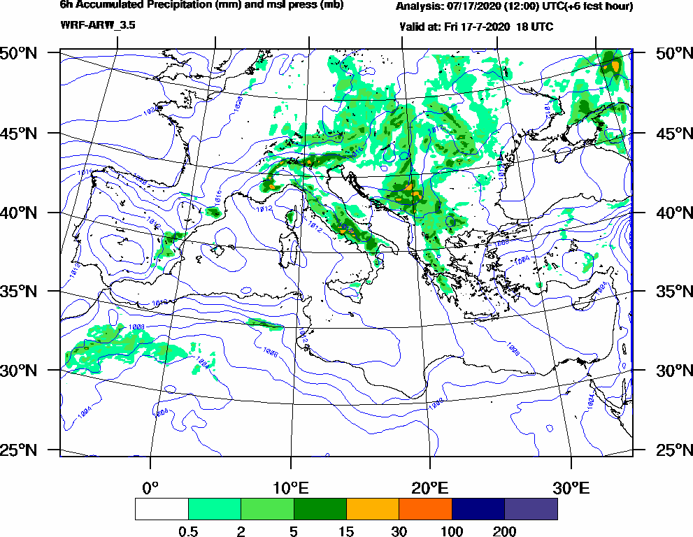 6h Accumulated Precipitation (mm) and msl press (mb) - 2020-07-17 12:00