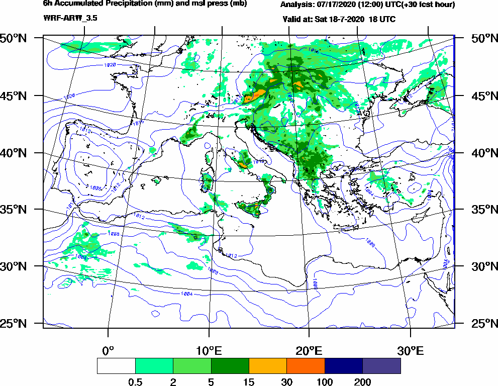 6h Accumulated Precipitation (mm) and msl press (mb) - 2020-07-18 12:00