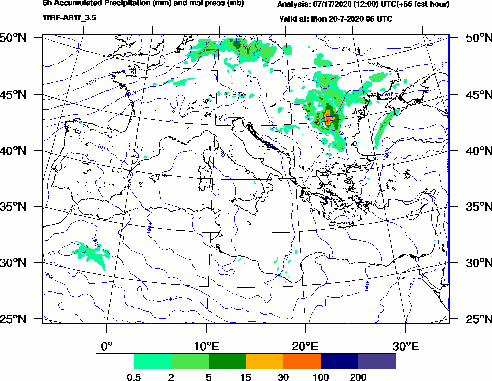 6h Accumulated Precipitation (mm) and msl press (mb) - 2020-07-20 00:00