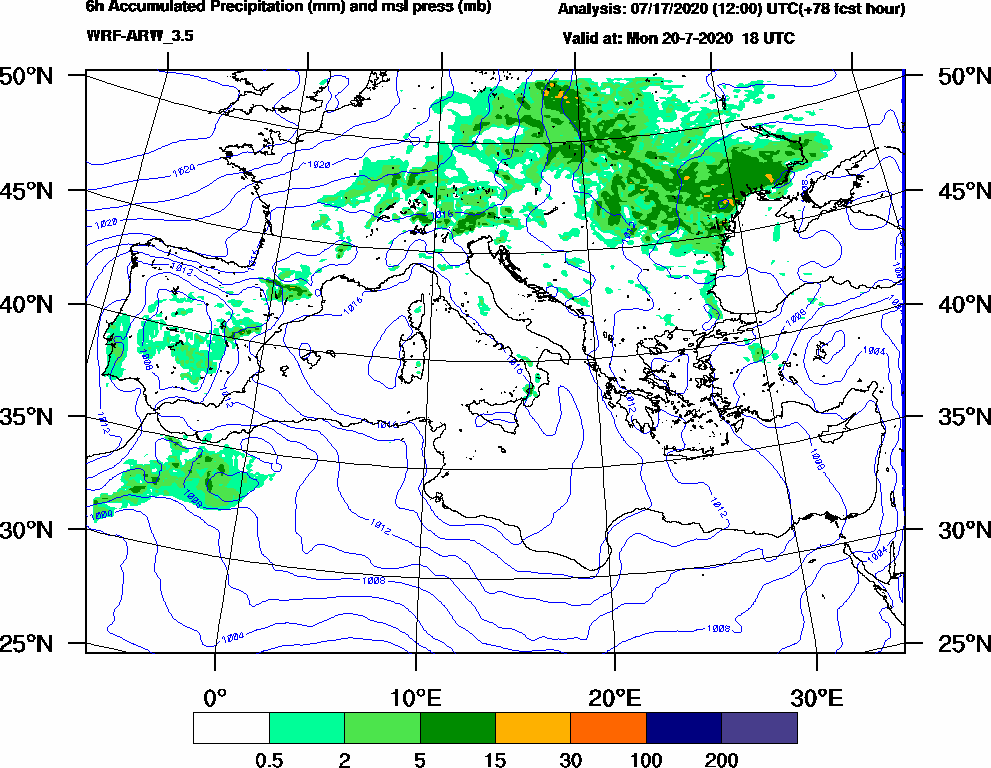 6h Accumulated Precipitation (mm) and msl press (mb) - 2020-07-20 12:00