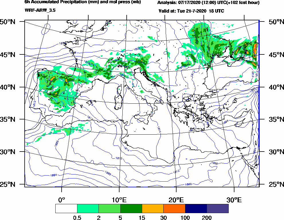 6h Accumulated Precipitation (mm) and msl press (mb) - 2020-07-21 12:00