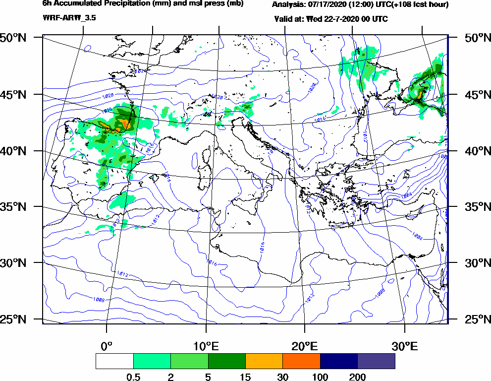 6h Accumulated Precipitation (mm) and msl press (mb) - 2020-07-21 18:00