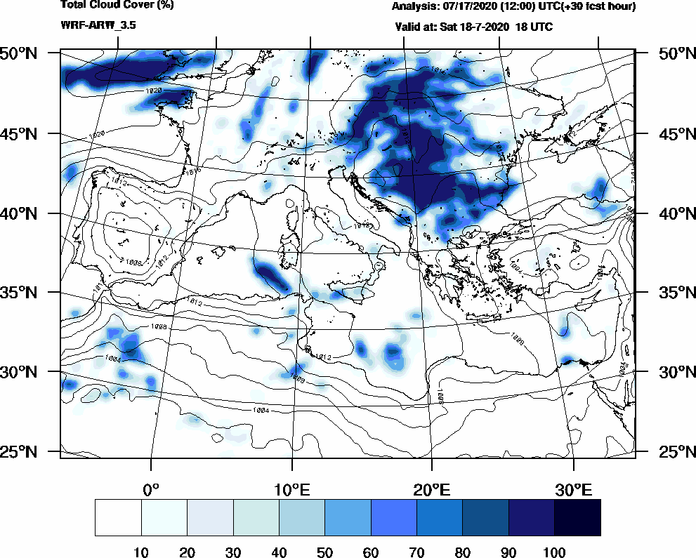 Total cloud cover (%) - 2020-07-18 12:00