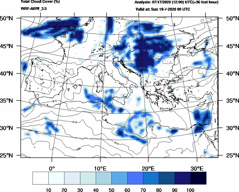 Total cloud cover (%) - 2020-07-18 18:00