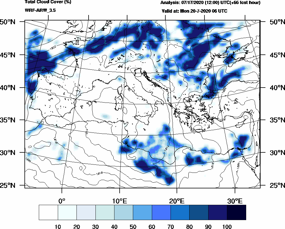 Total cloud cover (%) - 2020-07-20 00:00