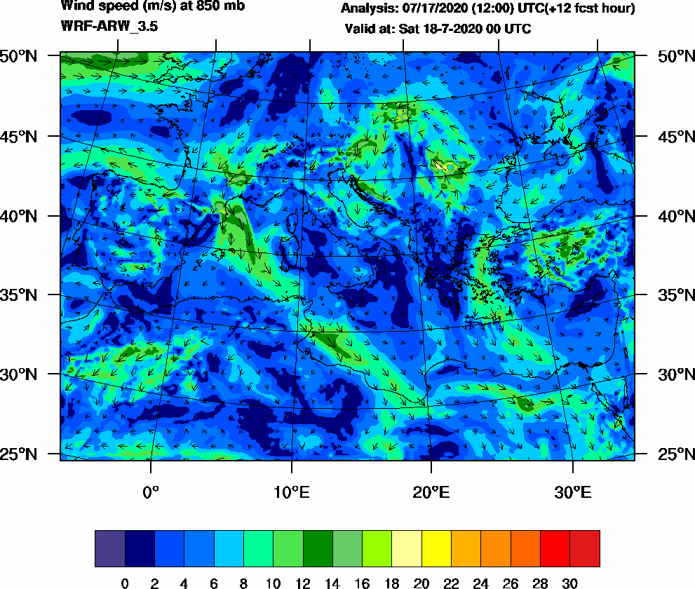Wind speed (m/s) at 850 mb - 2020-07-18 00:00